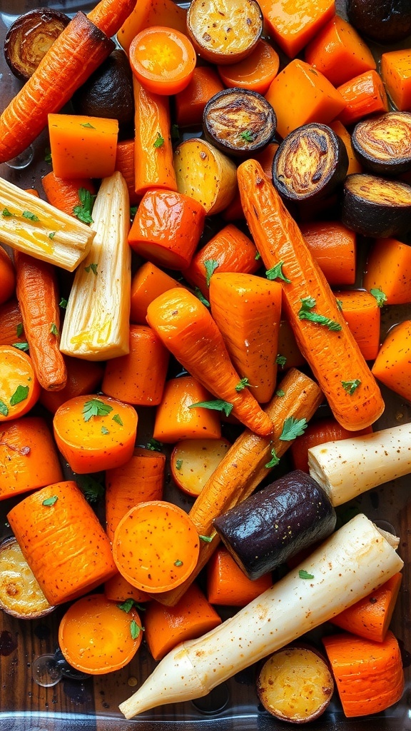 A vibrant assortment of herb-roasted root vegetables on a rustic platter, showcasing sweet potatoes, carrots, and parsnips.